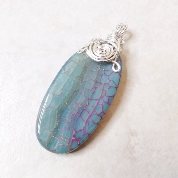 Gorgeous Dragonvein Agate Pendant with Wire Wrapped Bail - Blue Green Color Hues - Picture 5 of 8